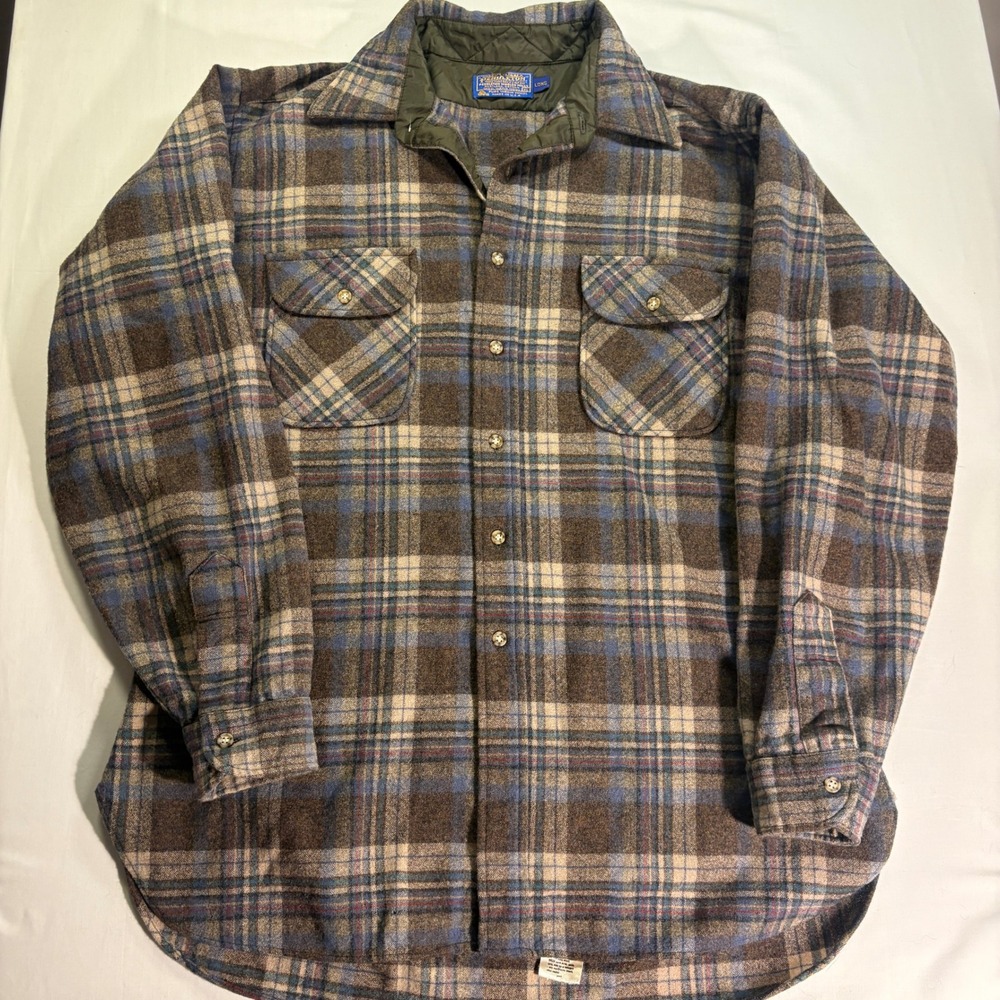 Vintage Pendleton Board Shirt XL Long Brown Blue Plaid Virgin Wool Made in USA
